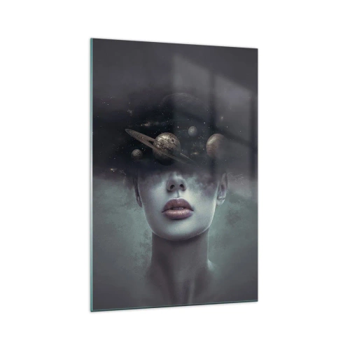Obraz na szkle - Kobieca twarz z motywem planet i kosmosu w tle - 70x100cm - A planety szaleją… - Nowoczesna dekoracja ścienna do salonu i sypialni ARTTOR