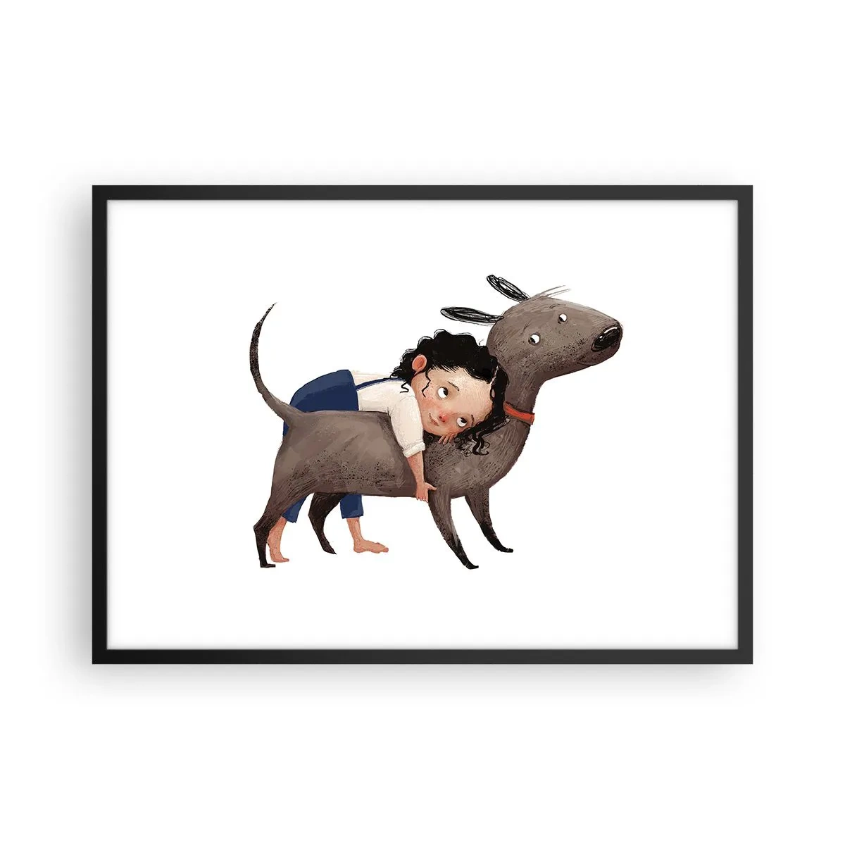 Plakat w czarnej ramie - Ilustracja dziecka przytulającego psa w rysunkowym stylu - 70x50cm - Najlepsi przyjaciele - Nowoczesna dekoracja ścienna do salonu i sypialni ARTTOR