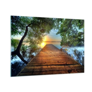 Obraz na szkle - Drewniany pomost nad jeziorem o zachodzie słońca - 100x70cm - Nie śpiesz się, usiądź - Nowoczesna dekoracja ścienna do salonu, kuchni i sypialni ARTTOR