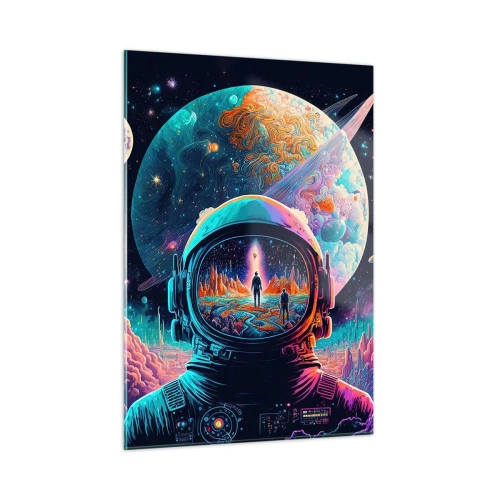 Obraz na szkle - Kosmiczny pejzaż z astronautą i surrealistyczną planetą - 50x70cm - Filozofom się nie śniło - Nowoczesna dekoracja ścienna do salonu, kuchni i sypialni ARTTOR