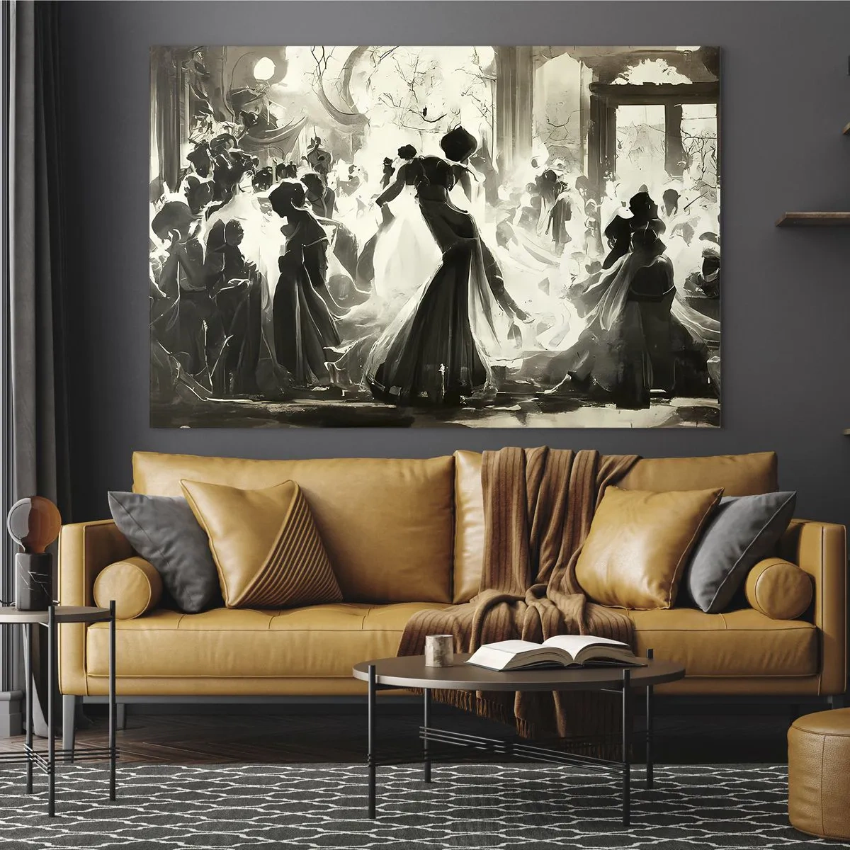 Obraz na szkle - Balowa scena w stylu retro z tańczącymi postaciami - 70x50cm - Wielka maskarada - Nowoczesna dekoracja ścienna do salonu i sypialni ARTTOR