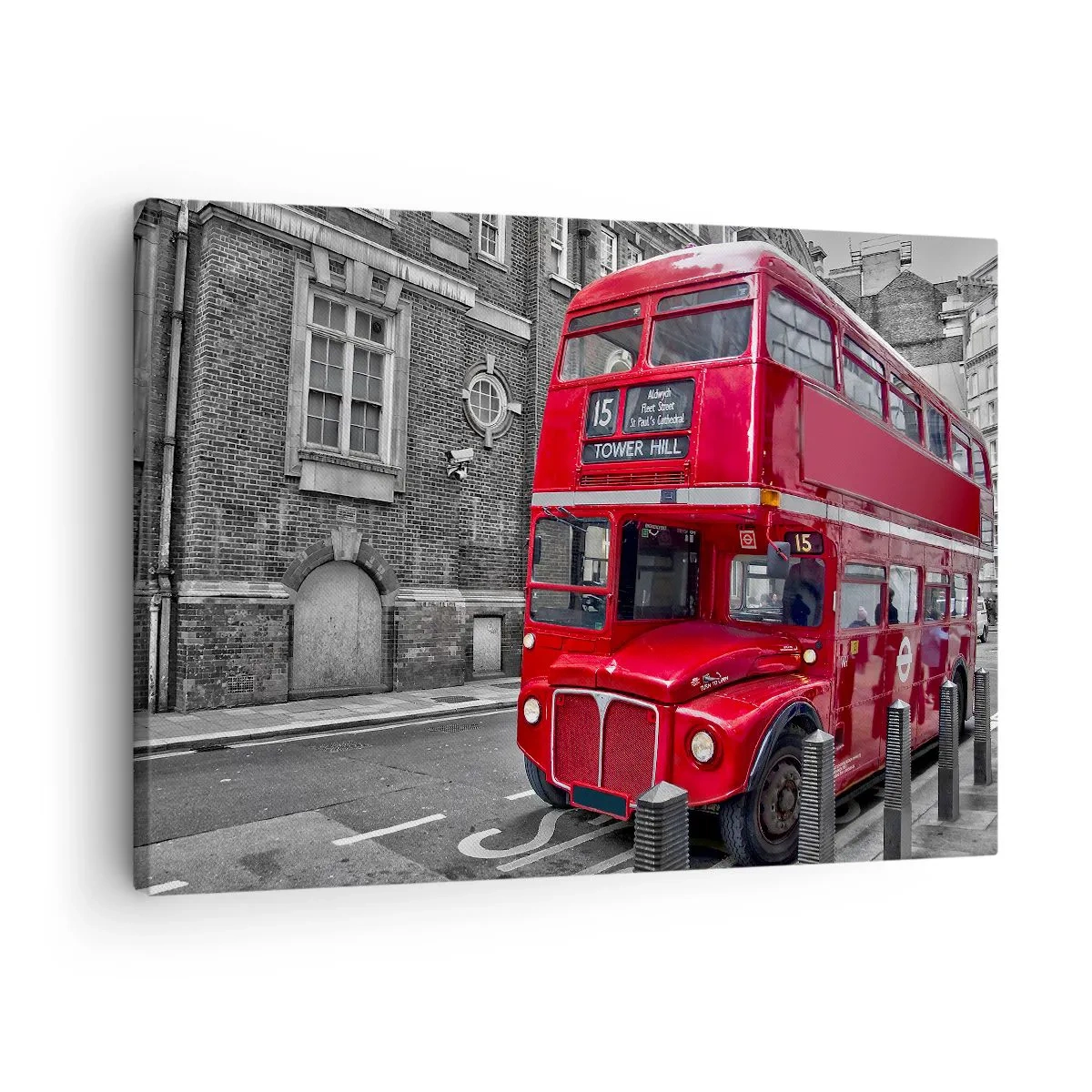 Obraz na płótnie - Czerwony autobus piętrowy w Londynie na tle klasycznej architektury - 70x50cm - Zawsze taki sam - Nowoczesna dekoracja ścienna do salonu i sypialni ARTTOR