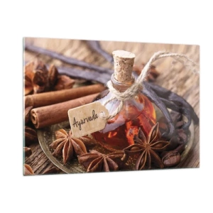 Obraz na szkle - Butelka z olejkiem i przyprawami w stylu ajurwedyjskim - 120x80cm - Ku jedności ciała i ducha - Nowoczesna dekoracja ścienna do salonu, kuchni i sypialni ARTTOR