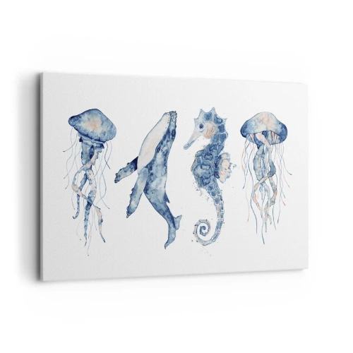 Obraz na płótnie - Meduzy, wieloryb i konik morski w akwarelowym stylu - 120x80cm - Morskie dziwy - Nowoczesna dekoracja ścienna do salonu, kuchni i sypialni ARTTOR