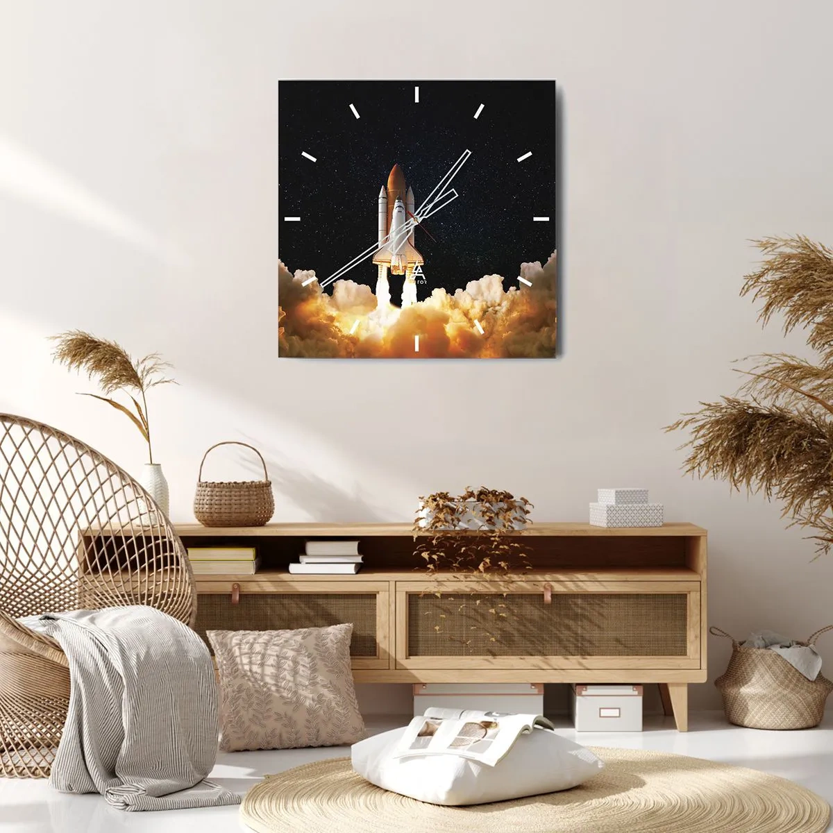 Zegar ścienny - Startująca rakieta kosmiczna na tle gwiaździstego nieba - 30x30cm - Ad astra! - Nowoczesna dekoracja ścienna do salonu i sypialni ARTTOR