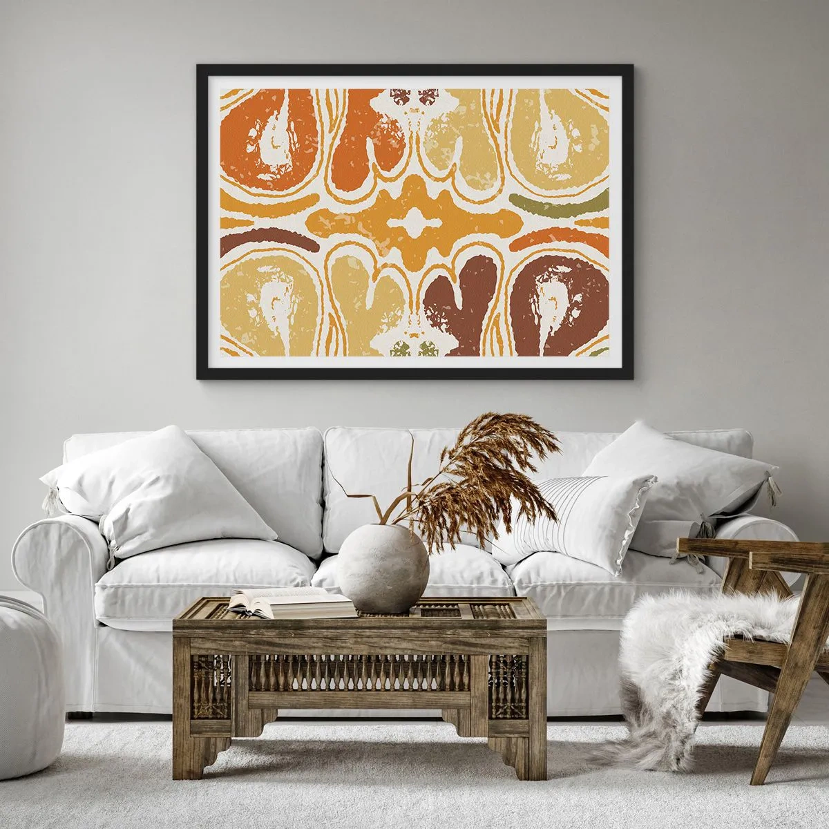 Plakat w czarnej ramie - Ciepłe wzory abstrakcyjne w żółciach i brązach - 70x50cm - Abstrakcja sentymentalna - Nowoczesna dekoracja ścienna do salonu i sypialni ARTTOR