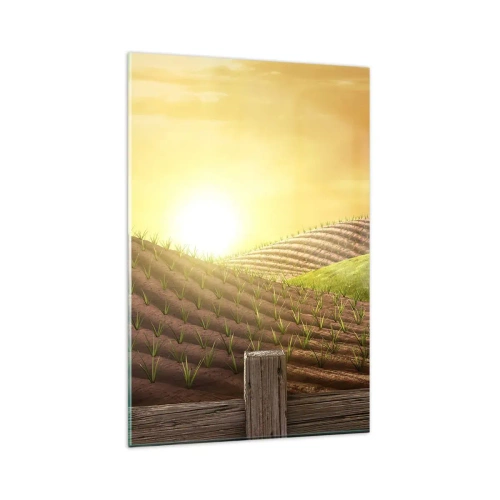 Obraz na szkle - Wiejski krajobraz z czerwoną stodołą, traktorem i wschodem słońca - 80x120cm - Farma jak z bajki - Nowoczesna dekoracja ścienna do salonu i sypialni ARTTOR