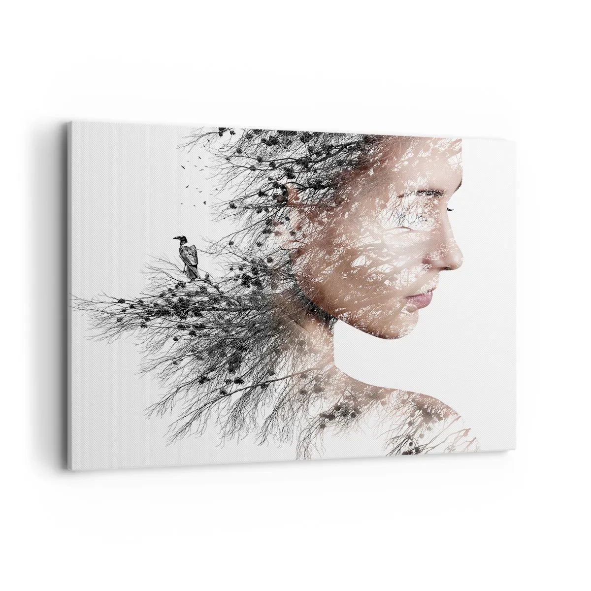 Obraz na płótnie - Sylwetka kobiety z motywem gałęzi i ptaka w tle - 120x80cm - Duch lasu - Nowoczesna dekoracja ścienna do salonu, kuchni i sypialni ARTTOR