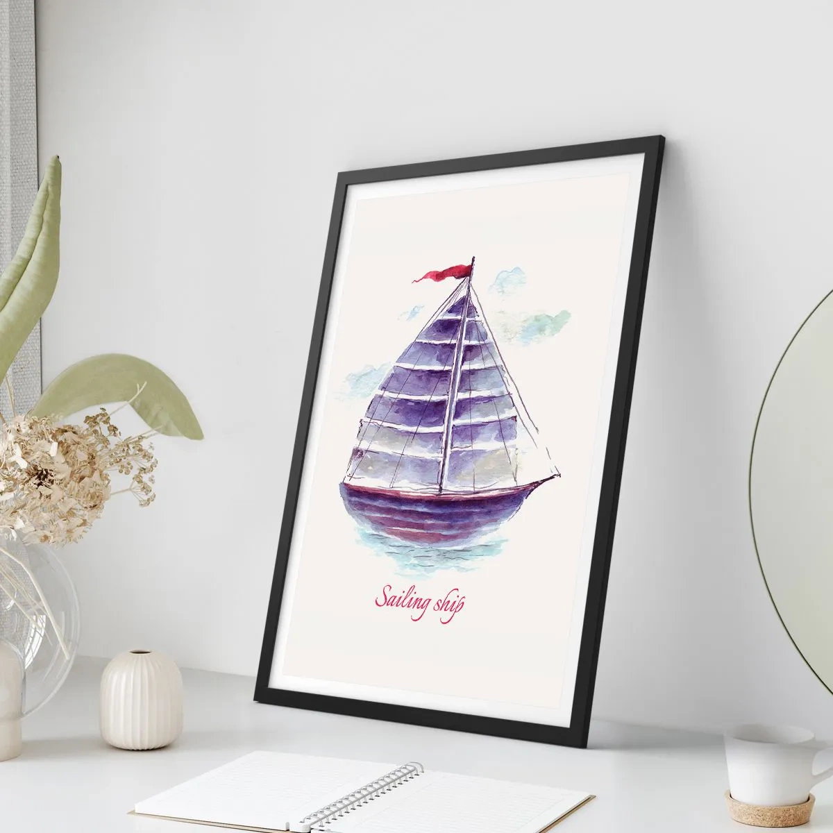 Plakat w czarnej ramie - Akwarelowa ilustracja żaglowca na spokojnej wodzie - 50x70cm - Pełnych żagli i spokojnej wody - Nowoczesna dekoracja ścienna do salonu i sypialni ARTTOR