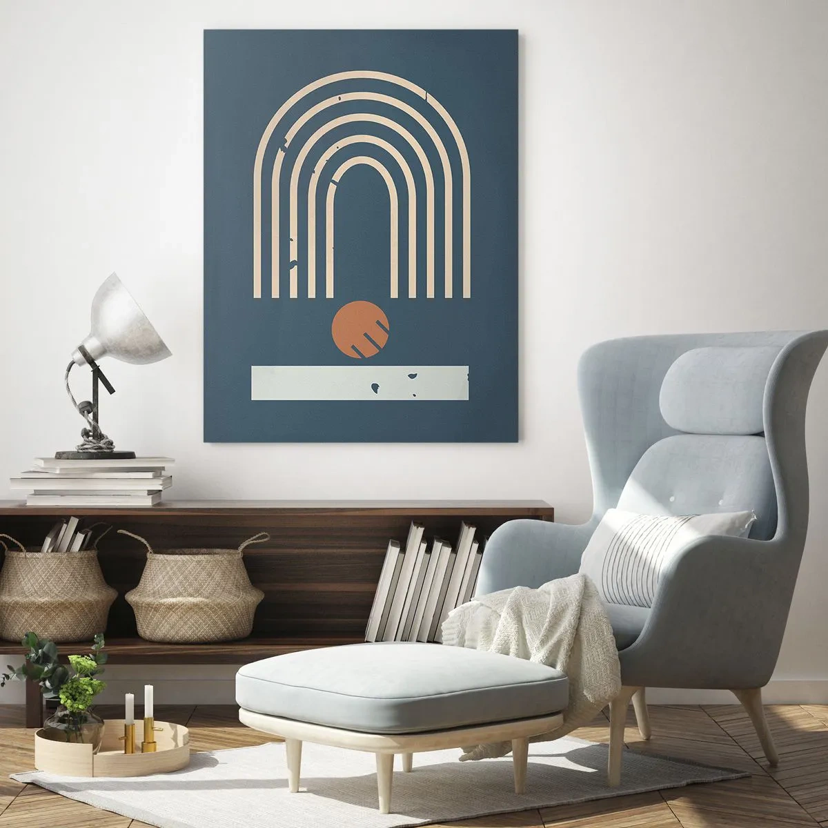 Obraz na szkle - Geometryczny wzór w odcieniach granatu, beżu i pomarańczu na ciemnym tle - 70x100cm - Geometria na granacie - Nowoczesna dekoracja ścienna do salonu i sypialni ARTTOR