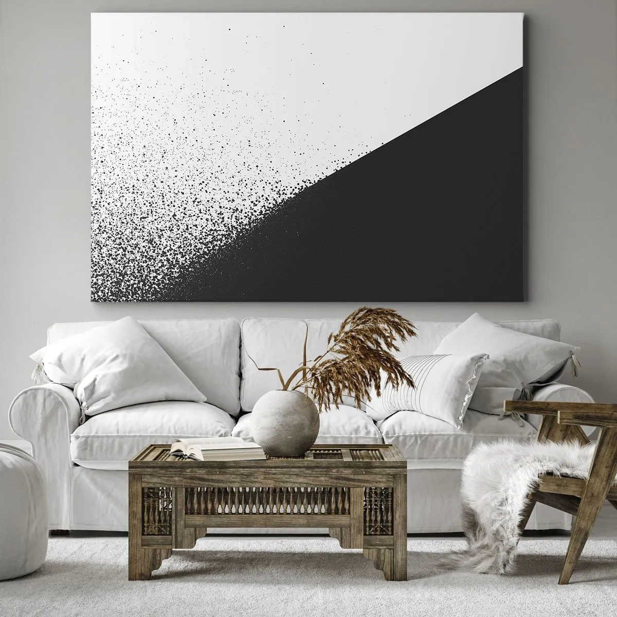 Obraz na płótnie - Minimalistyczna abstrakcja w czerni i bieli z rozproszonymi kropkami - 70x50cm - Coraz szybciej, coraz więcej - Nowoczesna dekoracja ścienna do salonu i sypialni ARTTOR