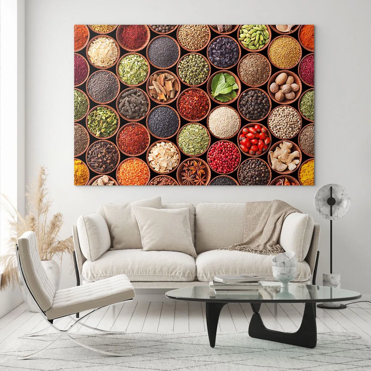 Obraz na szkle - Kompozycja różnorodnych przypraw w drewnianych miseczkach - 120x80cm - Wszystkie smaki świata - Nowoczesna dekoracja ścienna do salonu, kuchni i sypialni ARTTOR