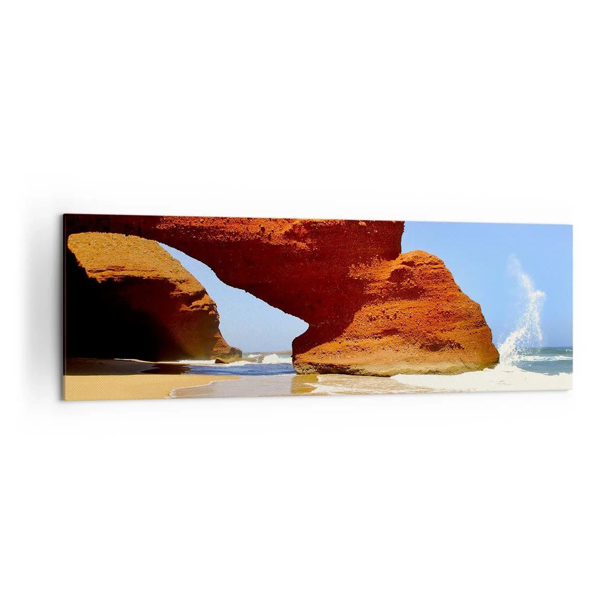 Obraz na płótnie - Naturalny łuk skalny na plaży z błękitnym niebem i falami - 160x50cm - Woda i wiatr przez tysiące lat - Nowoczesna dekoracja ścienna do salonu i sypialni ARTTOR