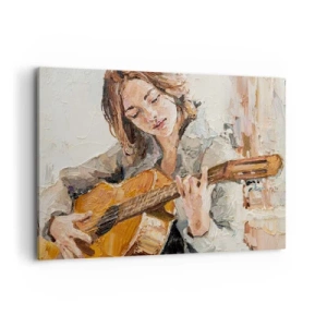 Obraz na płótnie - Portret dziewczyny grającej na gitarze w malarskim stylu z ciepłymi barwami - 100x70cm - Koncert na gitarę i dziewczęce serce - Nowoczesna dekoracja ścienna do salonu, kuchni i sypialni ARTTOR