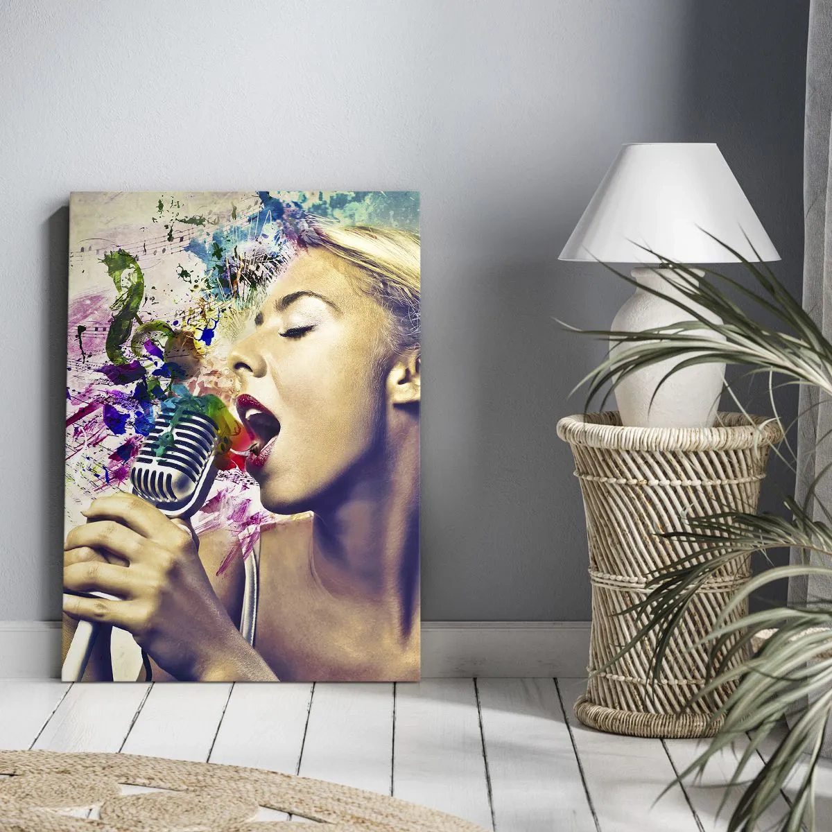 Obraz na płótnie - Artystyczny portret kobiety śpiewającej z kolorowymi efektami - 70x100cm - Pomalować głosem świat - Nowoczesna dekoracja ścienna do salonu i sypialni ARTTOR