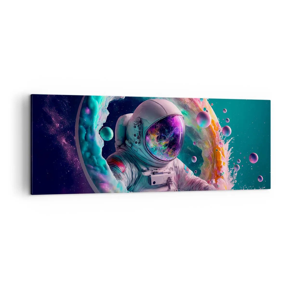 Obraz na płótnie - Astronauta w kolorowej kosmicznej aurze - 140x50cm - Gwiezdne wrota - Nowoczesna dekoracja ścienna do salonu i sypialni ARTTOR