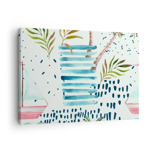 Obraz na płótnie - Abstrakcyjny wzór z palmami i akcentami marynistycznymi - 70x50cm - Wakacje pod palmami - Nowoczesna dekoracja ścienna do salonu i sypialni ARTTOR