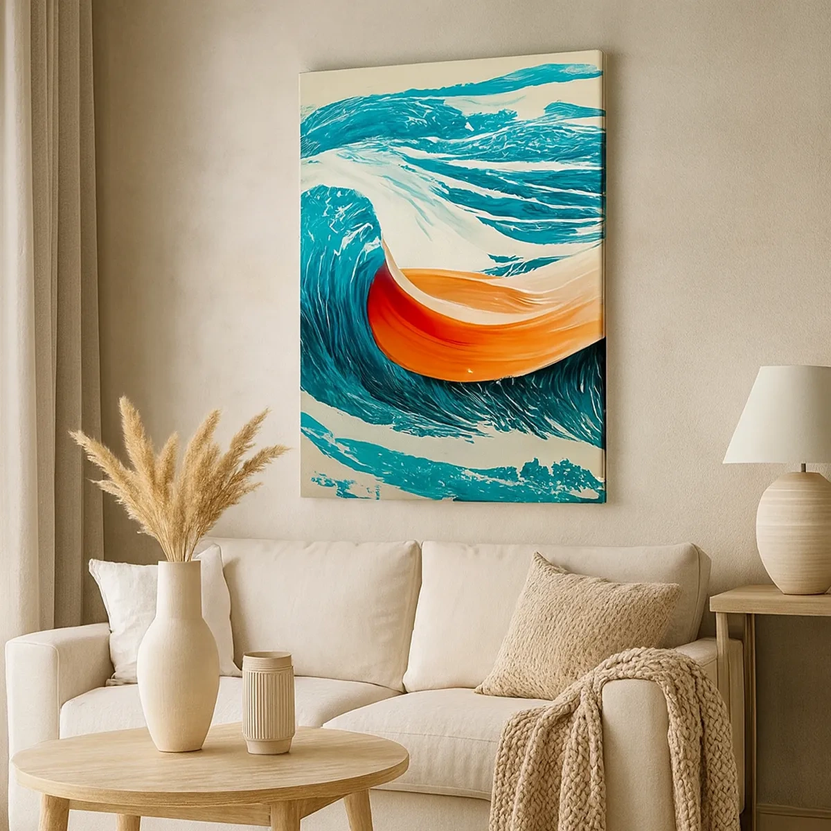 Obraz na płótnie - Dynamiczna abstrakcja z falami oceanu i wstęgą w odcieniach pomarańczu - 50x70cm - Sen surfera - Nowoczesna dekoracja ścienna do salonu, kuchni i sypialni ARTTOR