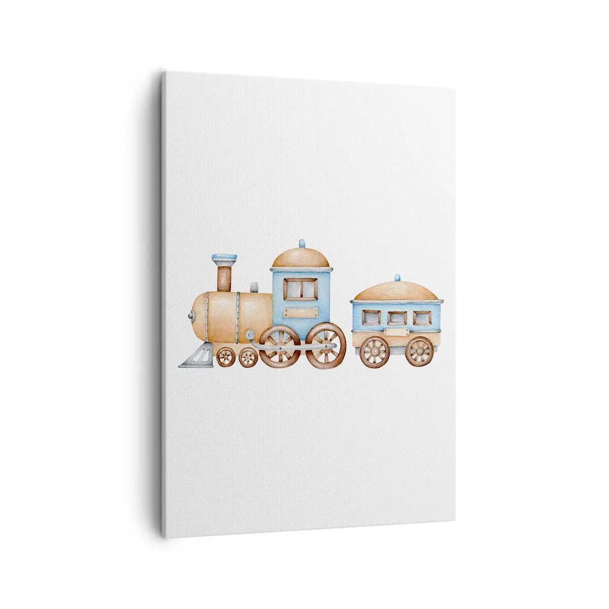 Obraz na płótnie - Ilustracja akwarelowa przedstawiająca drewniany pociąg w pastelowych kolorach - 50x70cm - Stoi na stacji... - Nowoczesna dekoracja ścienna do salonu, kuchni i sypialni ARTTOR