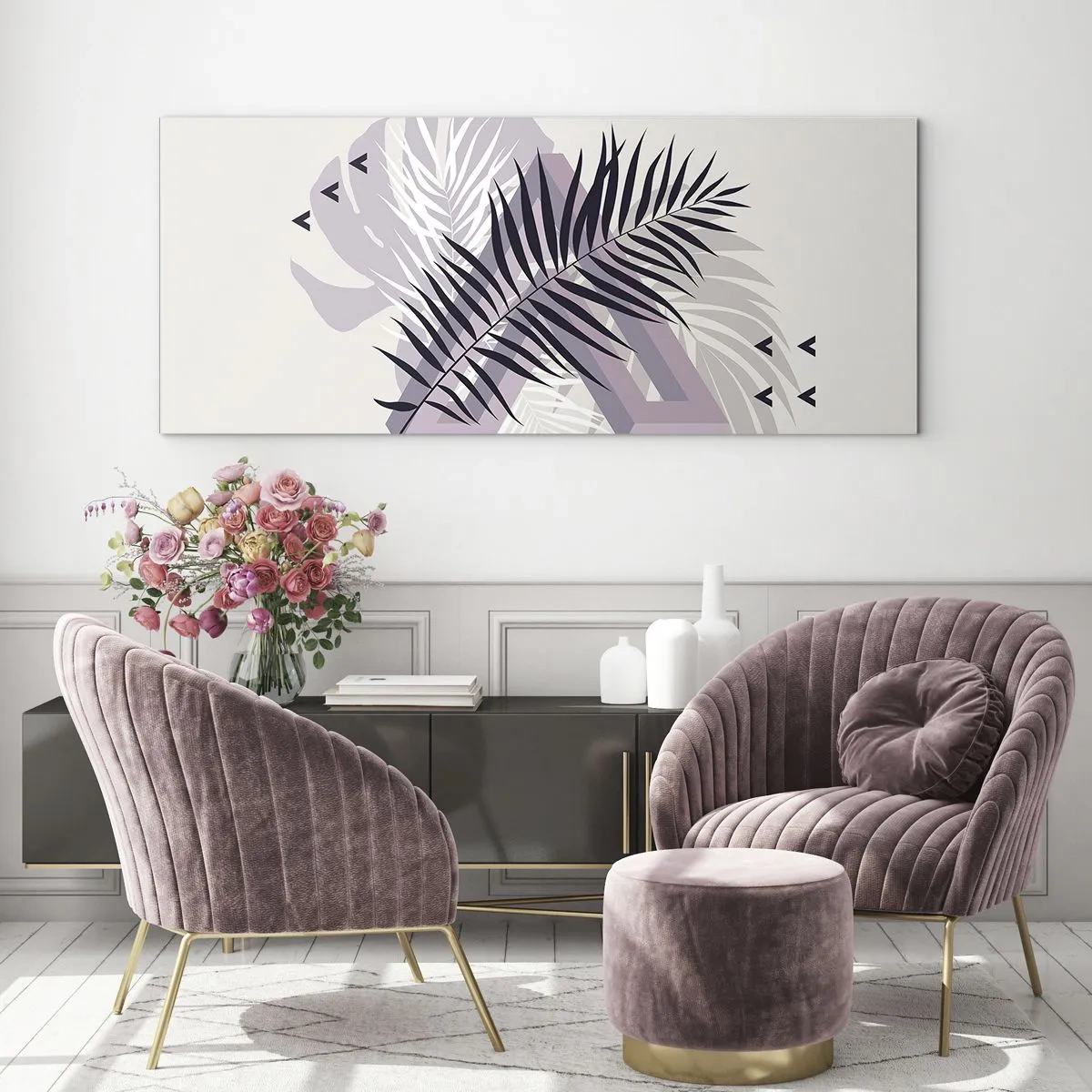 Obraz na szkle - Minimalistyczna kompozycja z liśćmi i geometrycznymi kształtami - 140x50cm - Cień cienia - Nowoczesna dekoracja ścienna do salonu i sypialni ARTTOR