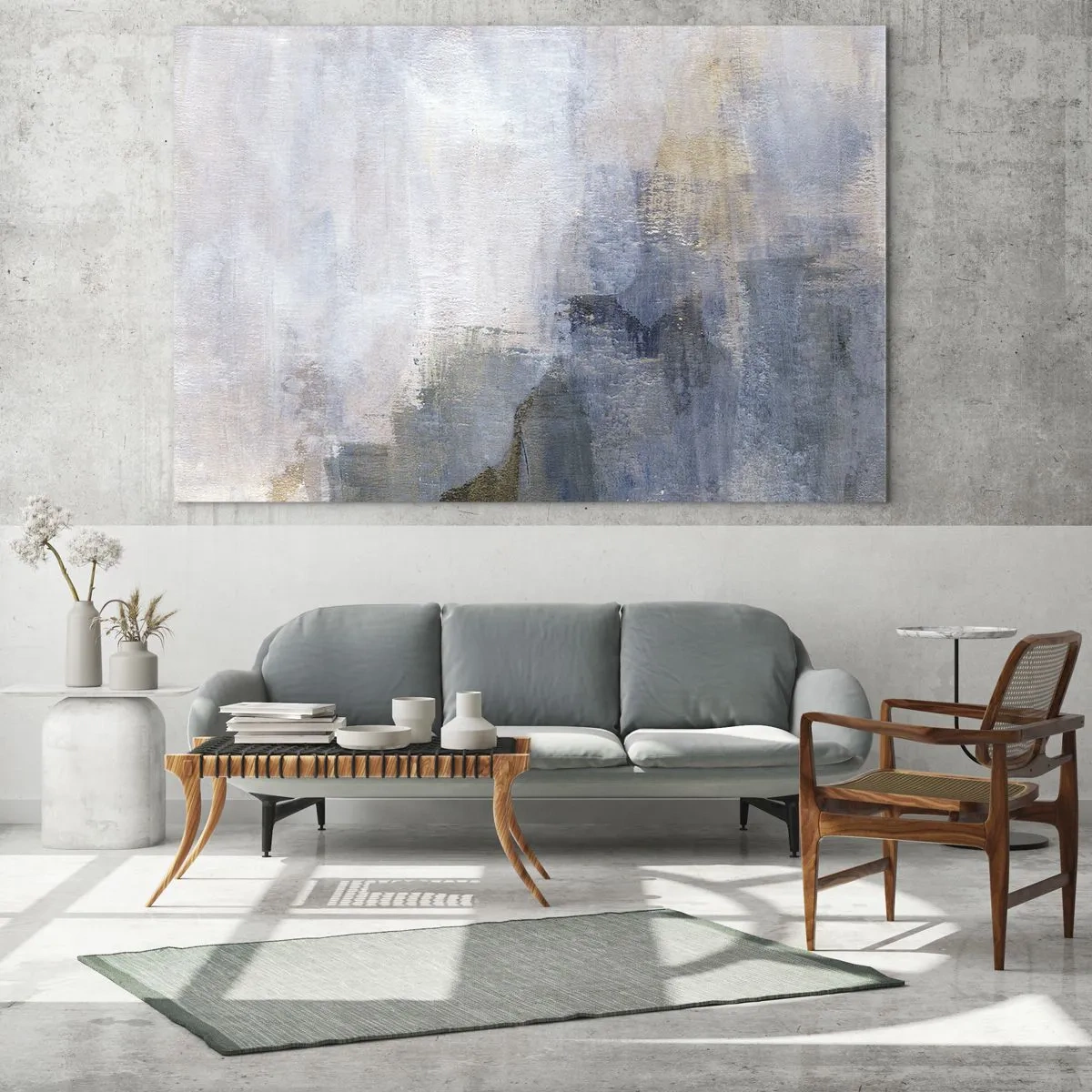 Obraz na szkle - Subtelne abstrakcyjne plamy w odcieniach błękitu i beżu - 120x50cm - Tony i akordy barw - Nowoczesna dekoracja ścienna do salonu i sypialni ARTTOR