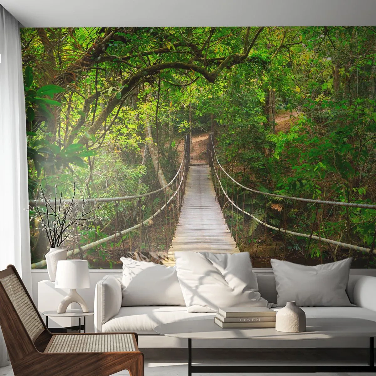 Fototapeta Premium Sand - Wiszący most w tropikalnym lesie otoczony zielenią - 100x70cm - Bo w ogrodzie rośnie pnącze - Nowoczesna dekoracja ścienna do salonu, kuchni i sypialni ARTTOR