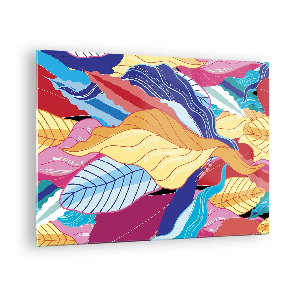 Obraz na szkle - Kolorowe abstrakcyjne liście na szklanym tle - 70x50cm - Kolorowy bałagan - Nowoczesna dekoracja ścienna do salonu i sypialni ARTTOR
