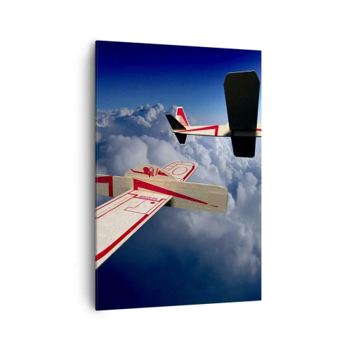 Obraz na płótnie - Dwa drewniane samoloty szybujące nad chmurami na tle błękitnego nieba - 70x100cm - Jeszcze wyżej, jeszcze dalej - Nowoczesna dekoracja ścienna do salonu i sypialni ARTTOR
