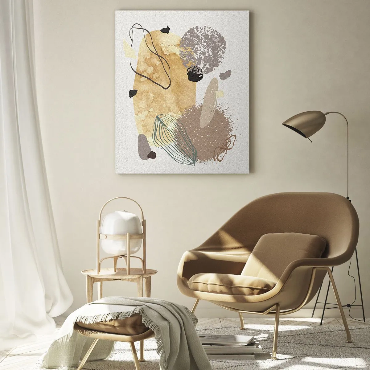 Obraz na szkle - Kompozycja abstrakcyjnych kształtów w beżach i żółciach - 70x100cm - Plumkologia stosowana - Nowoczesna dekoracja ścienna do salonu i sypialni ARTTOR