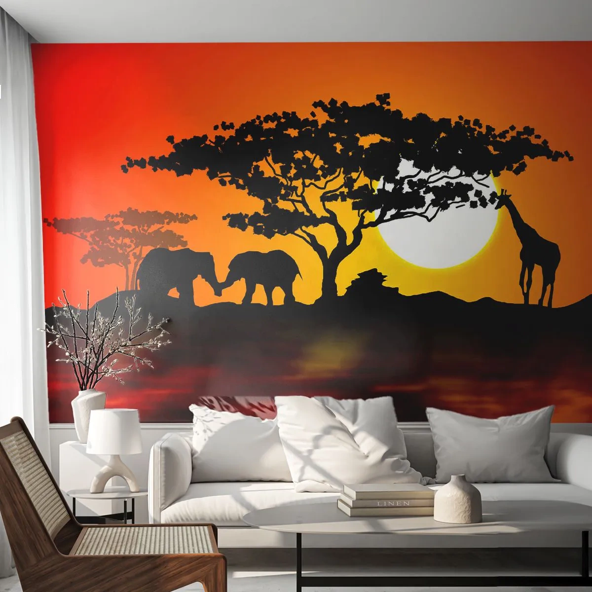 Fototapeta Premium Sand - Afrykańska sawanna z zachodem słońca i sylwetkami zwierząt - 100x70cm - Spotkanie na sawannie - Nowoczesna dekoracja ścienna do salonu, kuchni i sypialni ARTTOR