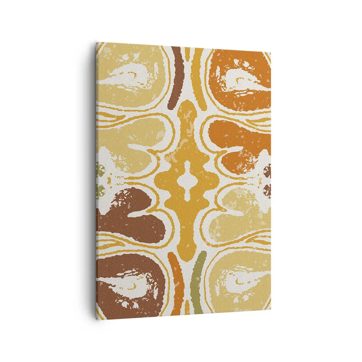 Obraz na płótnie - Symetryczna kompozycja w odcieniach żółci, pomarańczu i brązu inspirowana wzorami etnicznymi - 50x70cm - Abstrakcja sentymentalna - Nowoczesna dekoracja ścienna do salonu, kuchni i sypialni ARTTOR