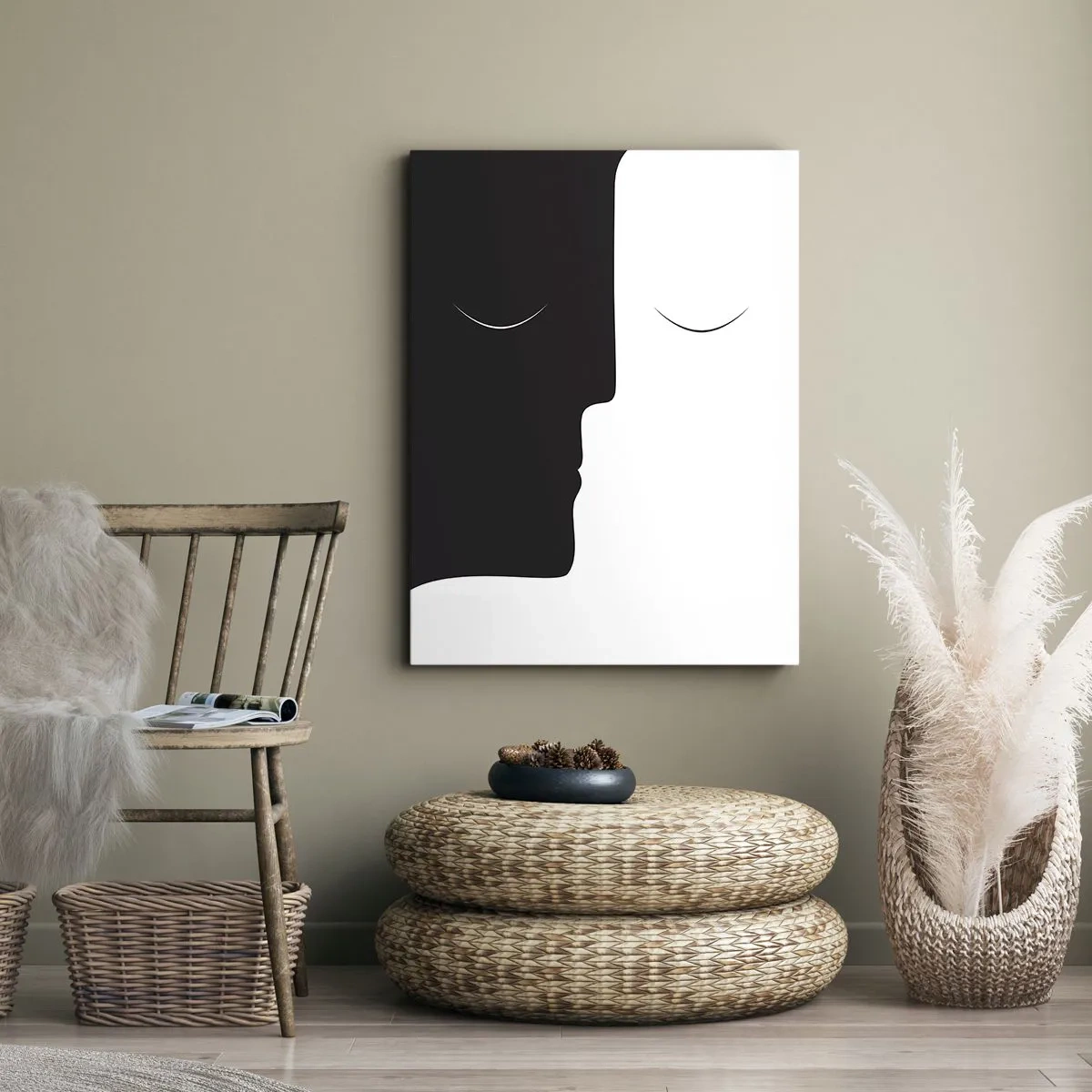 Obraz na płótnie - Minimalistyczna sylwetka dwóch twarzy w kontrastowych kolorach - 70x100cm - Jedność przeciwieństw - Nowoczesna dekoracja ścienna do salonu i sypialni ARTTOR