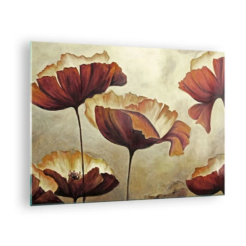 Obraz na szkle - Makowe kwiaty w odcieniach czerwieni i złota na jasnym tle - 70x50cm - Łąki łan - Nowoczesna dekoracja ścienna do salonu i sypialni ARTTOR