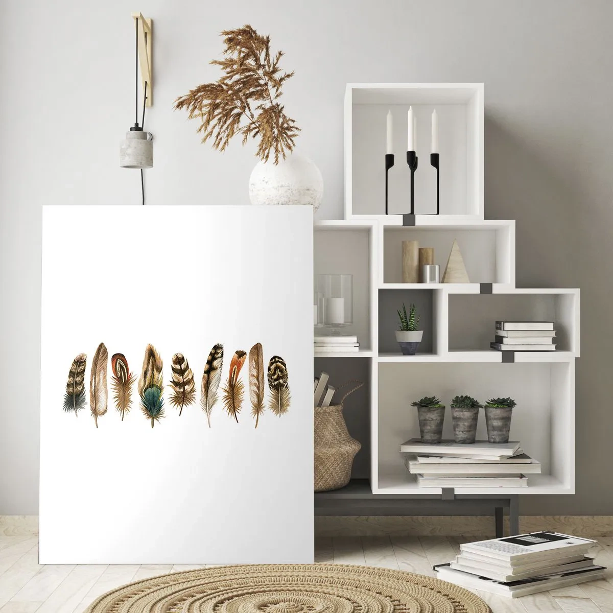 Obraz na szkle - Kompozycja kolorowych piór na białym tle - 50x70cm - Pierzasta wariacja - Nowoczesna dekoracja ścienna do salonu, kuchni i sypialni ARTTOR