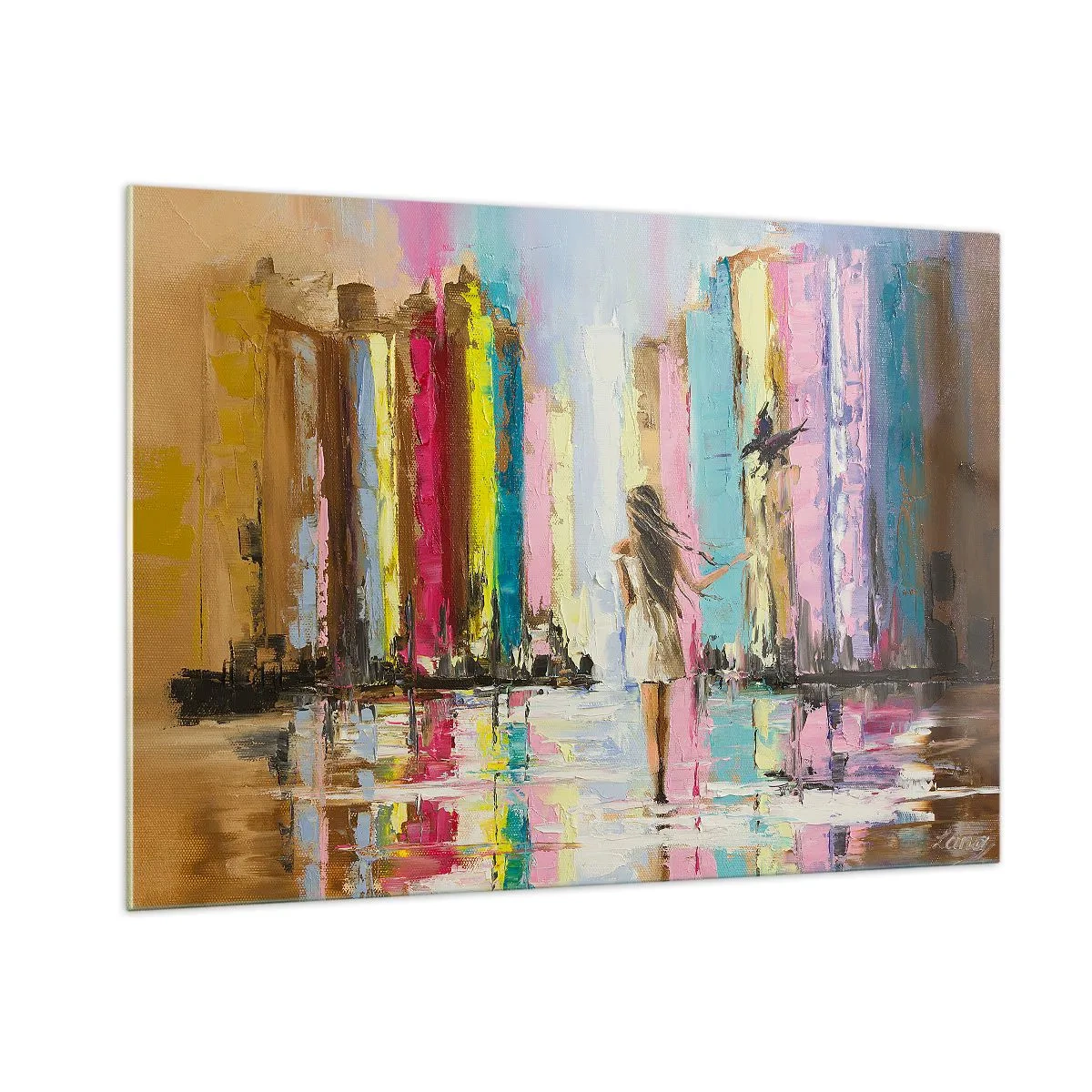 Obraz na szkle - Kobieta na tle kolorowych budynków z ptakiem - 100x70cm - Idż za mną - Nowoczesna dekoracja ścienna do salonu, kuchni i sypialni ARTTOR