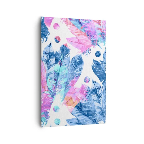 Obraz na płótnie - Abstrakcyjny wzór z kolorowymi piórami w pastelowych odcieniach - 80x120cm - Pióropusze w różu i błękicie - Nowoczesna dekoracja ścienna do salonu i sypialni ARTTOR