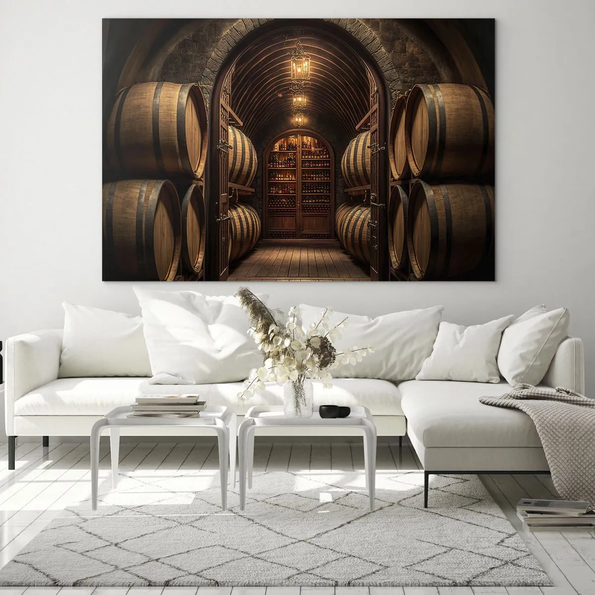 Obraz na szkle - Winnica z beczkami i oświetloną piwnicą pełną butelek - 70x50cm - Klimatyczna piwnica - Nowoczesna dekoracja ścienna do salonu i sypialni ARTTOR
