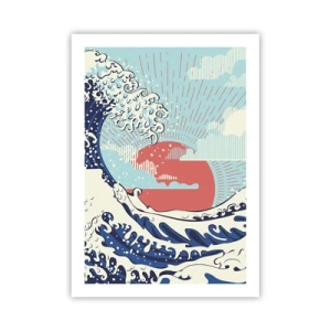 Plakat - Graficzna fala inspirowana japońskim stylem z czerwonym słońcem - 50x70cm - Z japońskich inspiracji - Nowoczesna dekoracja ścienna do salonu, kuchni i sypialni ARTTOR