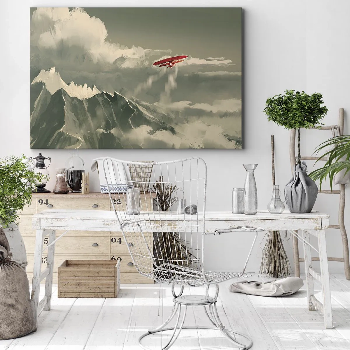 Obraz na płótnie - Czerwony samolot nad ośnieżonymi górami - 70x50cm - Nieustraszony pionier - Nowoczesna dekoracja ścienna do salonu i sypialni ARTTOR