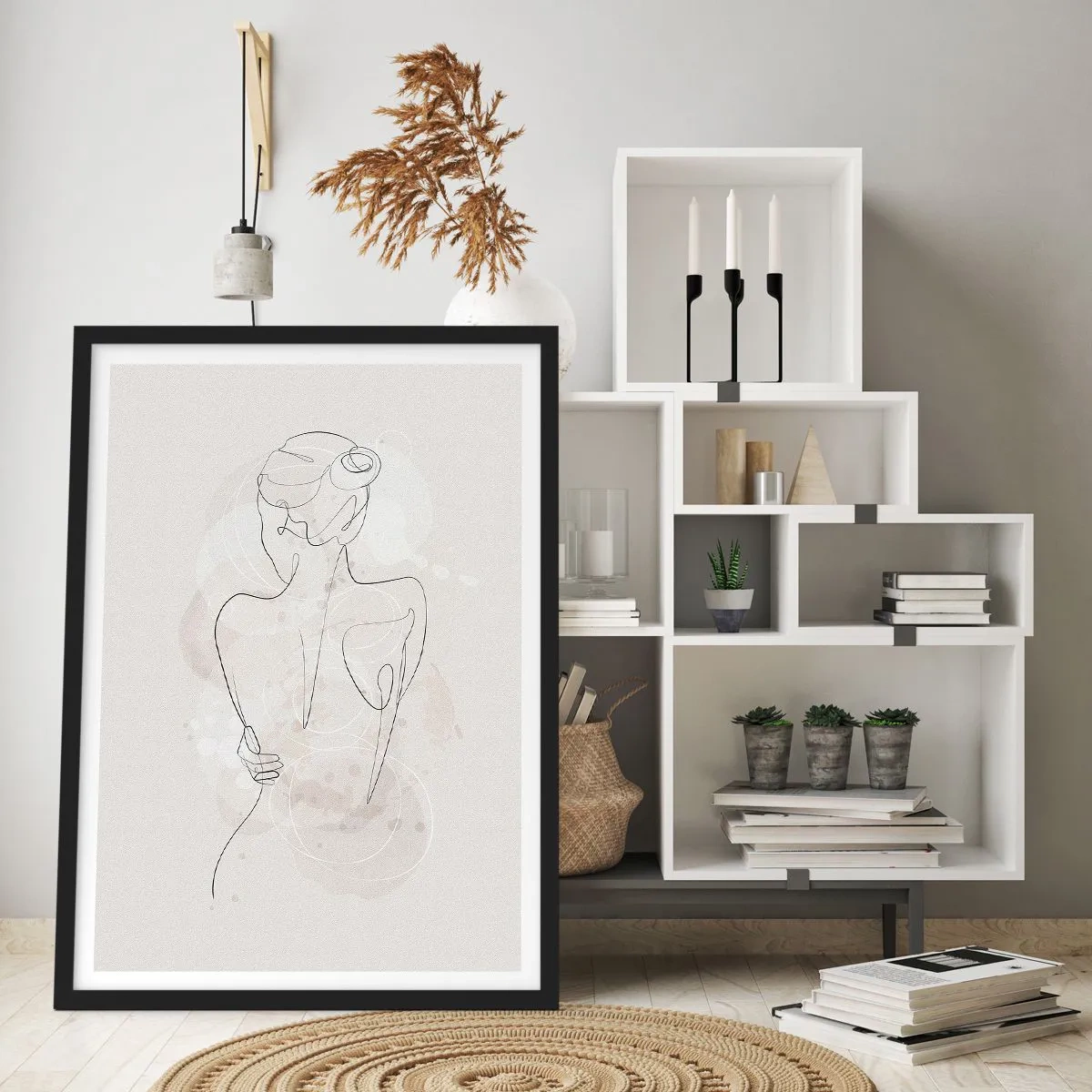 Plakat w czarnej ramie - Delikatna kobieca sylwetka w linii ciągłej - 50x70cm - Jak czuły instrument - Nowoczesna dekoracja ścienna do salonu i sypialni ARTTOR