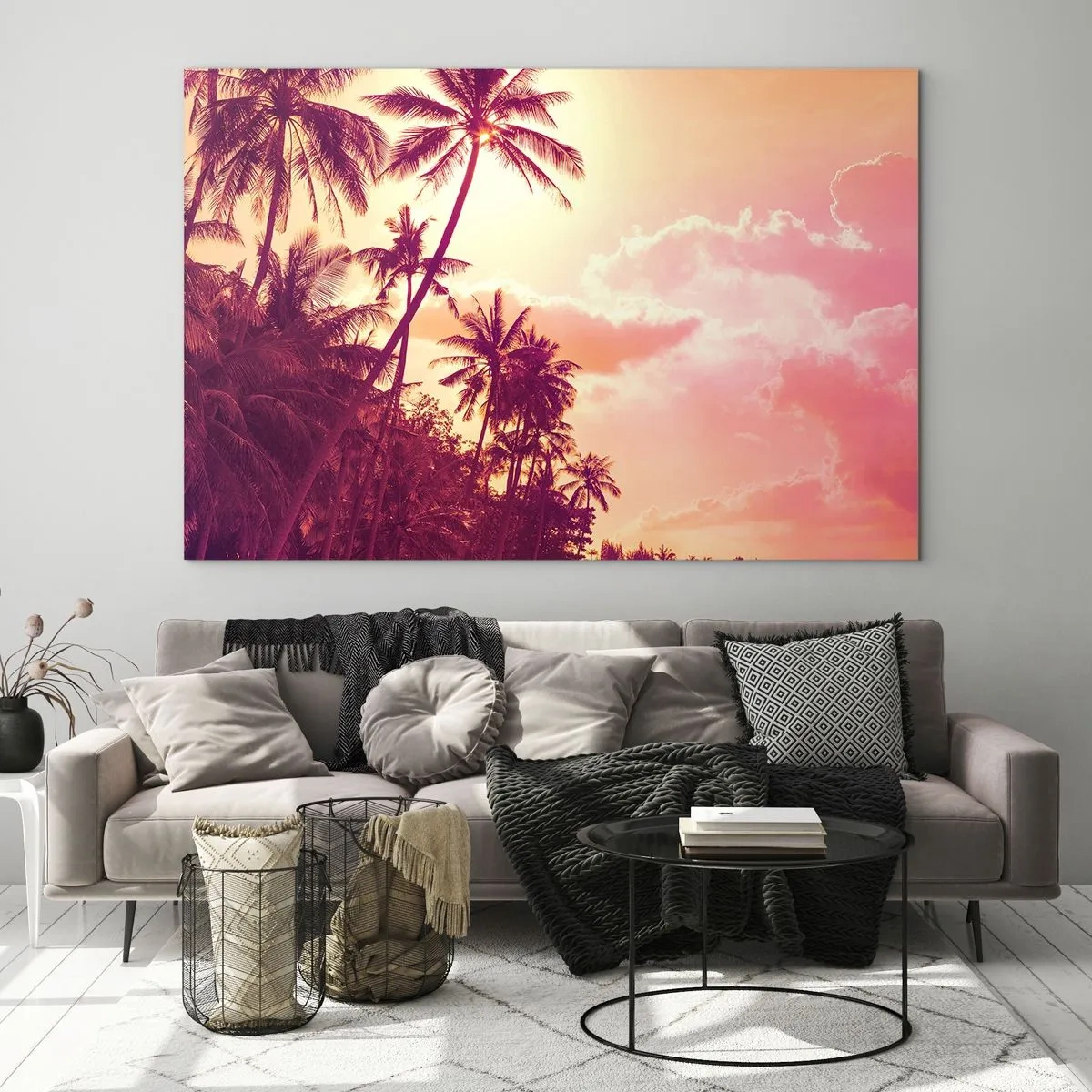 Obraz na szkle - Tropikalne palmy w świetle zachodzącego słońca na różowym niebie - 120x80cm - Musisz wybrać - Nowoczesna dekoracja ścienna do salonu, kuchni i sypialni ARTTOR
