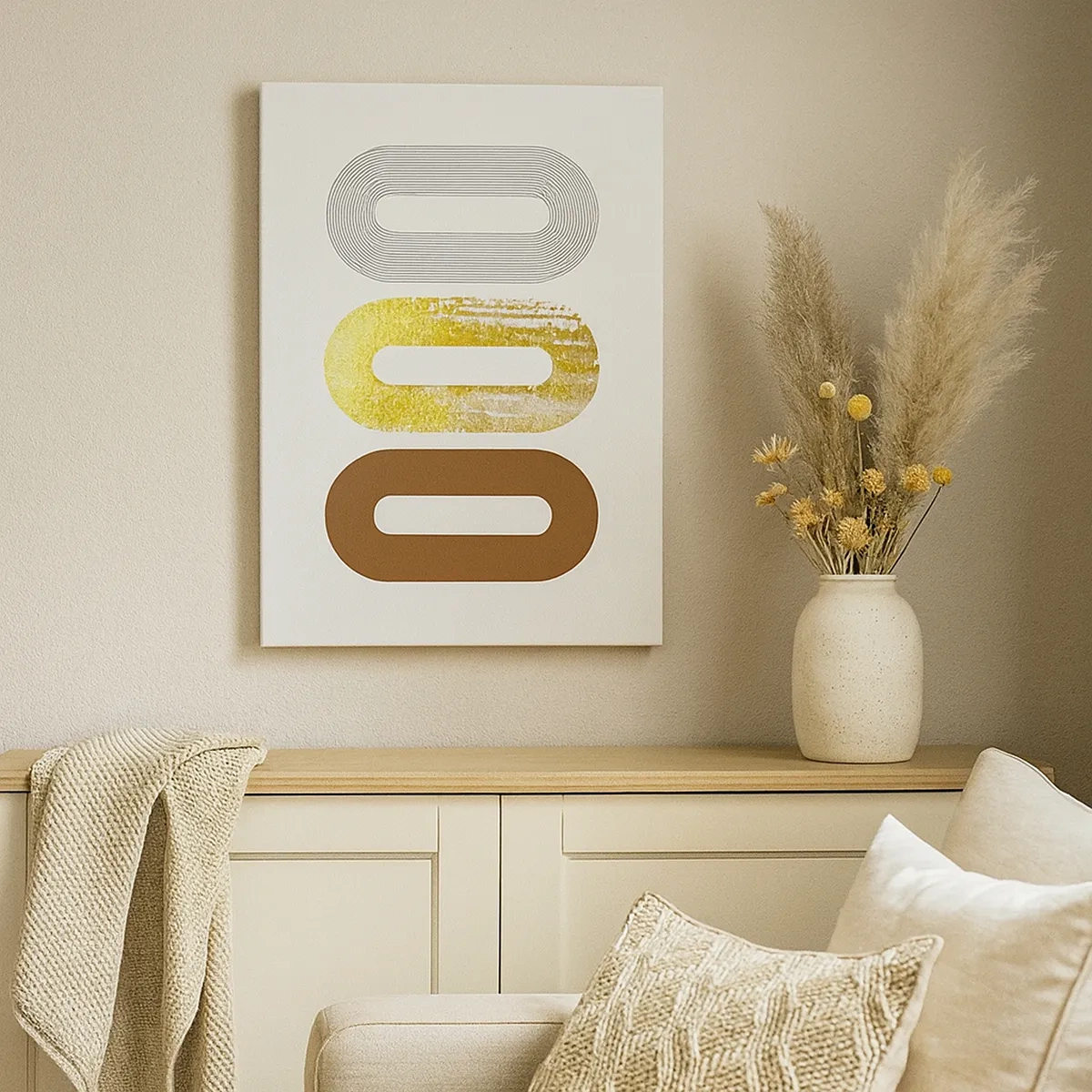 Obraz na płótnie - Abstrakcyjne formy geometryczne w odcieniach szarości, żółci i brązu - 50x70cm - Ooo! - Nowoczesna dekoracja ścienna do salonu, kuchni i sypialni ARTTOR