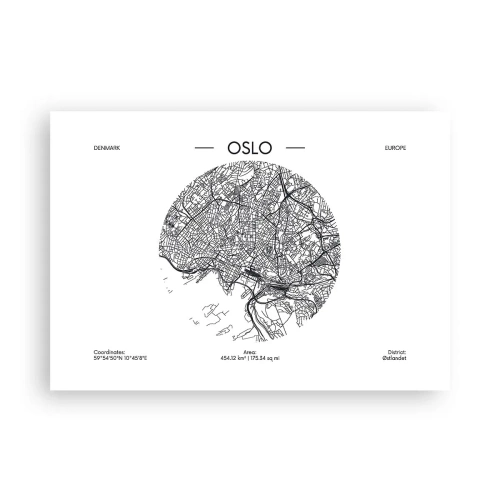 Plakat - Mapa Oslo w minimalistycznym, czarno-białym stylu - 100x70cm - Anatomia Oslo - Nowoczesna dekoracja ścienna do salonu i sypialni ARTTOR