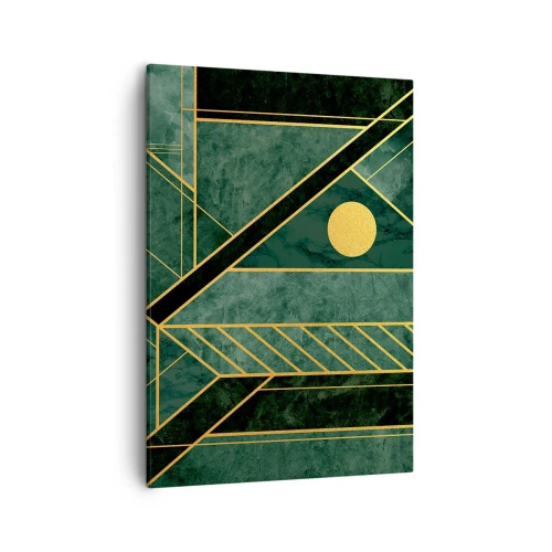 Obraz na płótnie - Geometryczne wzory w odcieniach zieleni i złota z centralnym złotym kołem - 50x70cm - Dynamika złota i lazuru - Nowoczesna dekoracja ścienna do salonu, kuchni i sypialni ARTTOR