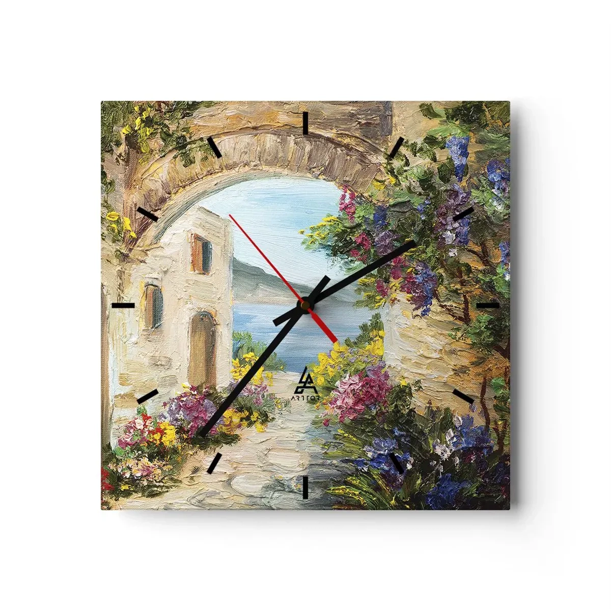 Zegar ścienny - Nadmorski krajobraz z kamiennymi budynkami i kwiatami - 30x30cm - Urok nadmorskiej prowincji - Nowoczesna dekoracja ścienna do salonu i sypialni ARTTOR