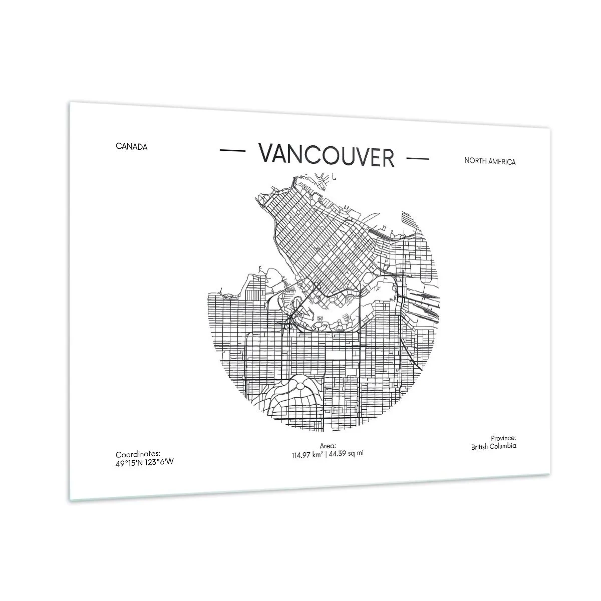 Obraz na szkle - Mapa Vancouver z układem ulic w czarno-białym stylu - 100x70cm - Anatomia Vancouver - Nowoczesna dekoracja ścienna do salonu, kuchni i sypialni ARTTOR