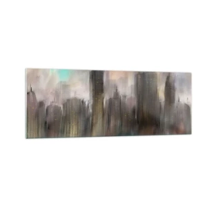 Obraz na szkle - Artystyczna wizja miejskiego krajobrazu z wieżowcami w pastelowych barwach - 140x50cm - Kompozycja ze stali, kamienia i mgły - Nowoczesna dekoracja ścienna do salonu i sypialni ARTTOR