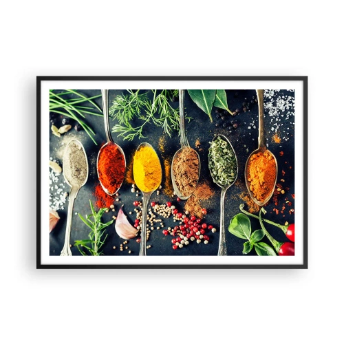 Plakat w czarnej ramie - Kolorowe przyprawy na łyżkach z ziołami w tle - 100x70cm - Kulinarna magia - Nowoczesna dekoracja ścienna do salonu i sypialni ARTTOR