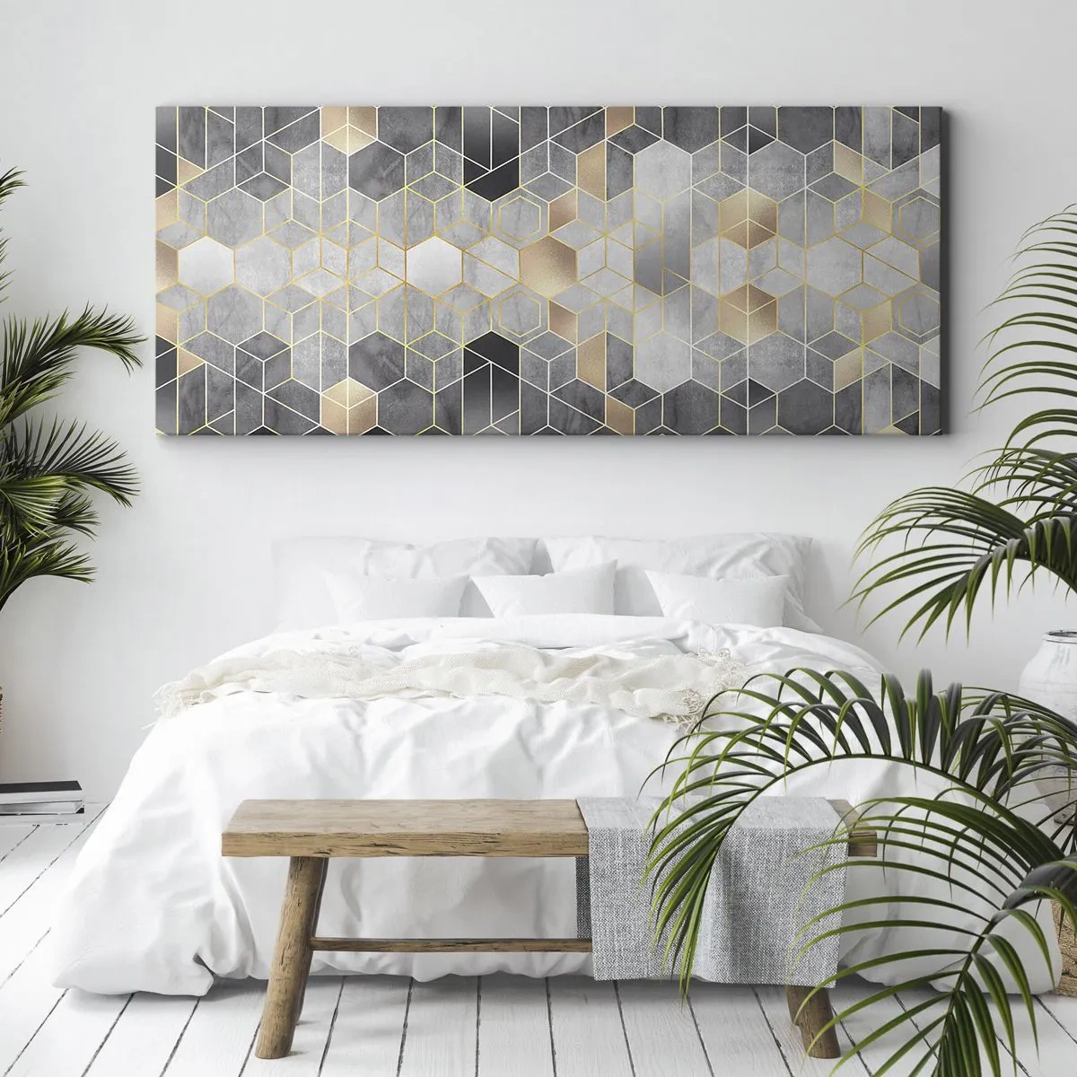 Obraz na płótnie - Geometryczny wzór w złotych odcieniach - 160x50cm - Diamentowa kompozycja - Nowoczesna dekoracja ścienna do salonu i sypialni ARTTOR