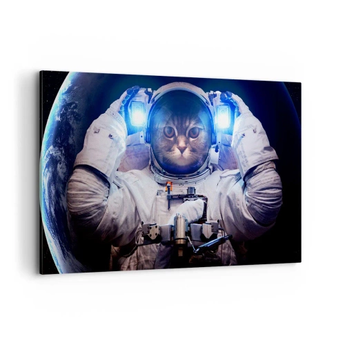 Obraz na płótnie - Kot w stroju astronauty z Ziemią w tle i jasnym światłem - 100x70cm - Houston, macie problem - Nowoczesna dekoracja ścienna do salonu, kuchni i sypialni ARTTOR